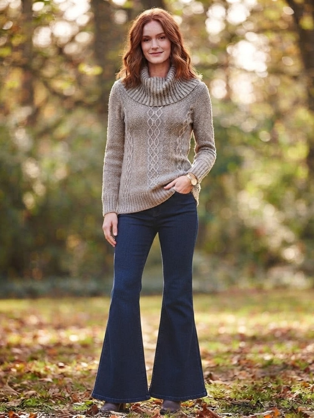 ruby moon Taupe Cable-Knit Cowlneck Sweater